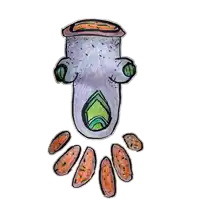 a drawing of a monster with green eyes and orange spots