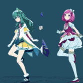 a girl with green hair and a girl with pink hair