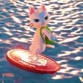 a white cat is standing on a red coin that says mem on it