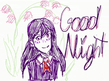 a drawing of a girl with purple hair and the words " good night "