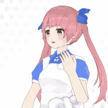 a girl with pink hair is wearing a blue and white outfit and has a question mark on her chest