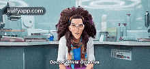 a woman with glasses and a wig is sitting in a lab and talking to the camera .