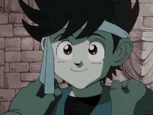 a cartoon character is wearing a blue headband and smiling