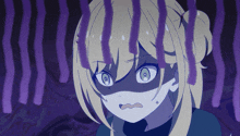 a blonde anime girl with a purple background has a shadow on her face