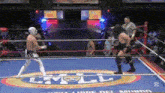 two wrestlers are fighting in a ring that says lyall on it