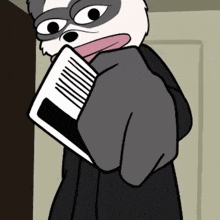 a cartoon drawing of a raccoon holding a newspaper