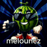 a watermelon wearing sunglasses is holding a video game controller and says " meluuncz "