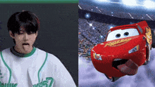 a boy sticking his tongue out next to a picture of a lightning mcqueen from cars