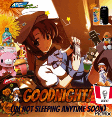 a picture of a girl with the words goodnight i 'm not sleeping anytime soon on the bottom