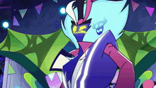 a cartoon character with blue hair and a yellow face is standing in front of a colorful background .