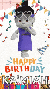 a cartoon character wearing sunglasses and a purple dress is standing in front of a happy birthday card .