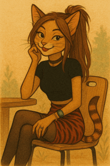 a drawing of a cat sitting on a chair wearing a watch