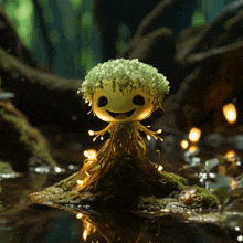 a glowing plant with a smile on its face sits in the water