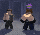 two roblox characters one with a purple flower on his head and the other with the name marimo