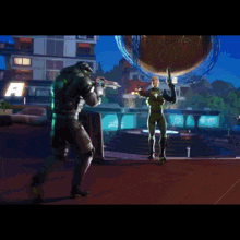 a video game screen shows a man holding a gun and another man holding a red box with the letter s on it