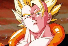 a close up of a cartoon character from dragon ball z with a serious face .