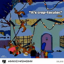 a cartoon of bart saying " it 's crap-tacular " in front of a house