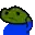 a pixel art of a green frog wearing a blue shirt and a blue hat .