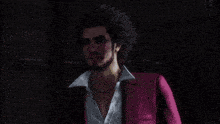 a man in a red suit is crawling on a tiled floor next to a yellow curb .