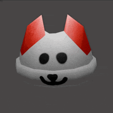 a white cat with red ears and black eyes is smiling