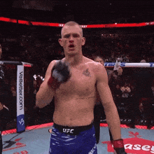 a fighter in a ufc belt stands in front of a net