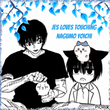 a black and white drawing of two anime characters with the words jes loves touching nagumo yoichi above them