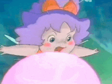 a cartoon girl with purple hair is blowing a pink bubble ..