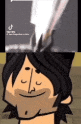 a cartoon of a man with long black hair is smiling and looking at the camera .