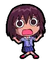 a pixel art illustration of a girl with purple hair and a surprised look on her face .