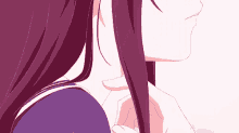 a close up of a girl with long purple hair and a purple shirt .