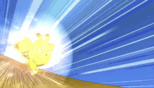 a yellow cartoon character is flying through the air with a blue background