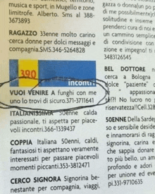 a newspaper advertisement for ragazzo 33enne molto carino and coppia italiana 50enni caldi