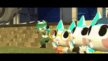 a cartoon cat wearing glasses and a green hat stands next to three other cats