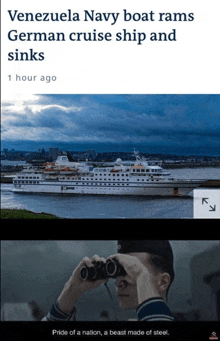 a venezuela navy boat rams a german cruise ship and sinks one hour ago