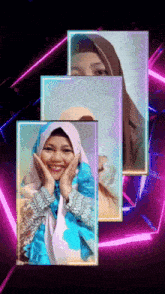 a collage of three pictures of a woman wearing a hijab and a blue scarf