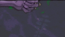 a purple hand is reaching out towards a bunch of green leaves .