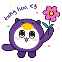 a cartoon of a penguin holding a pink flower with tung hoa < 3 written above it