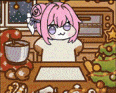 a cartoon girl with pink hair is sitting at a table with a christmas tree and a mixer .
