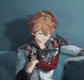 a man is sitting on a couch holding a cup of coffee