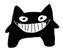 a black and white drawing of a smiling cat