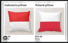 two pillows with the indonesia and poland flags on them are for sale