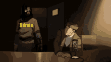 a man in a mask stands next to a man sitting at a table with the word admin on it