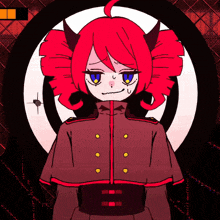 a drawing of a girl with red hair and horns standing in front of a target