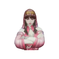 a woman with her arms crossed is wearing a pink costume