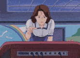 a cartoon of a woman pointing at a clock that shows the time as 10:10