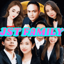 a group of people standing next to each other with the words jst family on the bottom