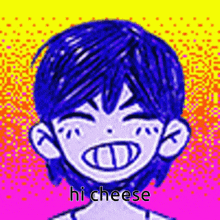 a pixel art drawing of a boy with blue hair and the words `` hi cheese '' written on it .