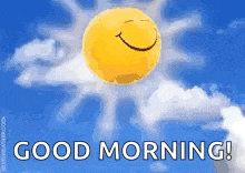 a smiley sun is flying through the clouds with the words `` good morning '' written below it .
