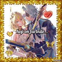 a picture of a man and a woman with the words hop on farnite