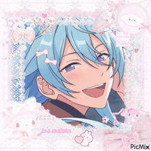 a picture of a boy with blue hair and purple eyes is surrounded by lace and hearts and says my love
